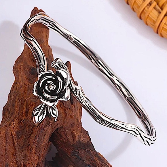 Rose Flower Sterling Silver Bangle Bracelet - Picture 2 of 6